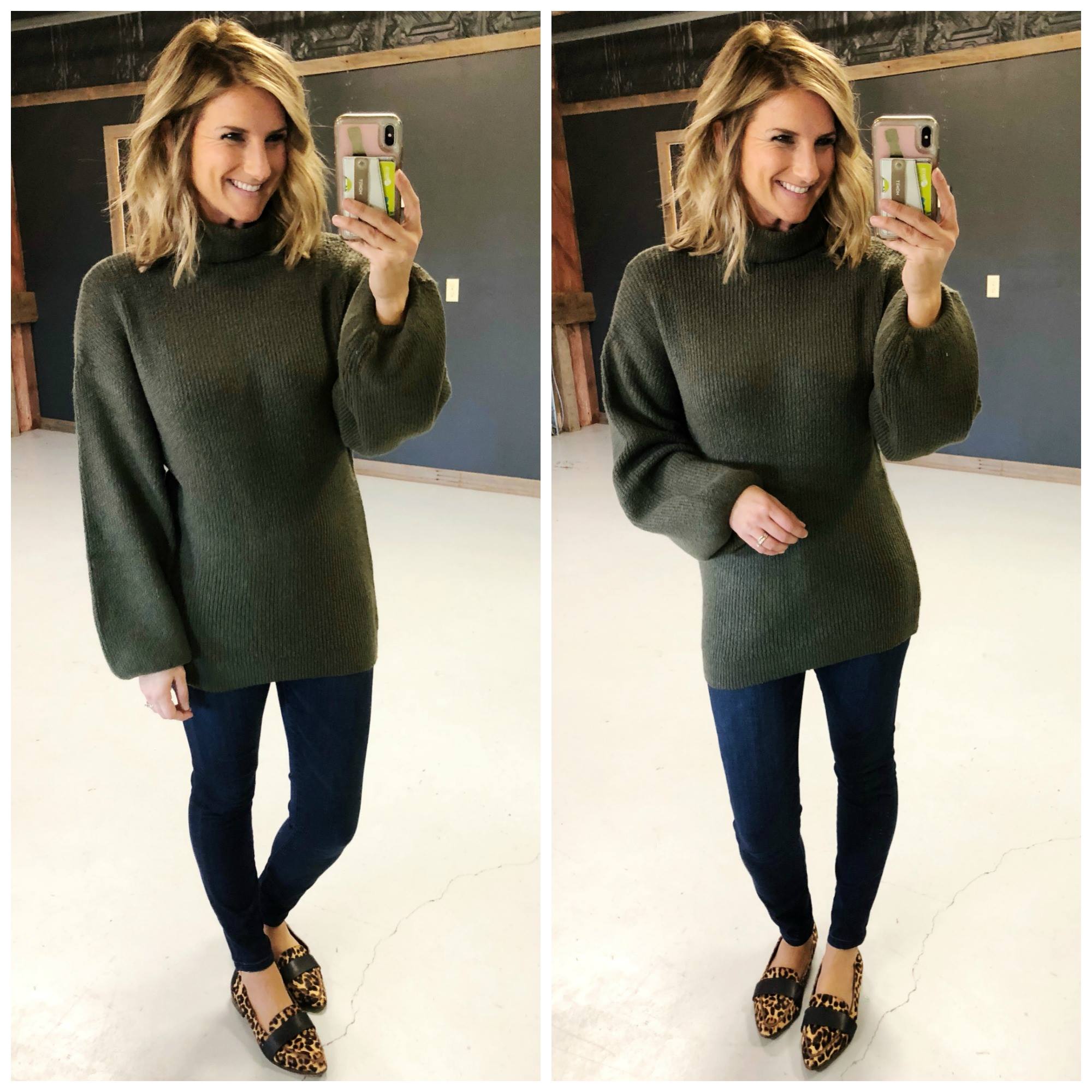 Tunic Sweater // Turtleneck Sweater // Fall Fashion // Leopard Flats // Casual Outfit // Date Night Outfit // Funnel Neck Sweater