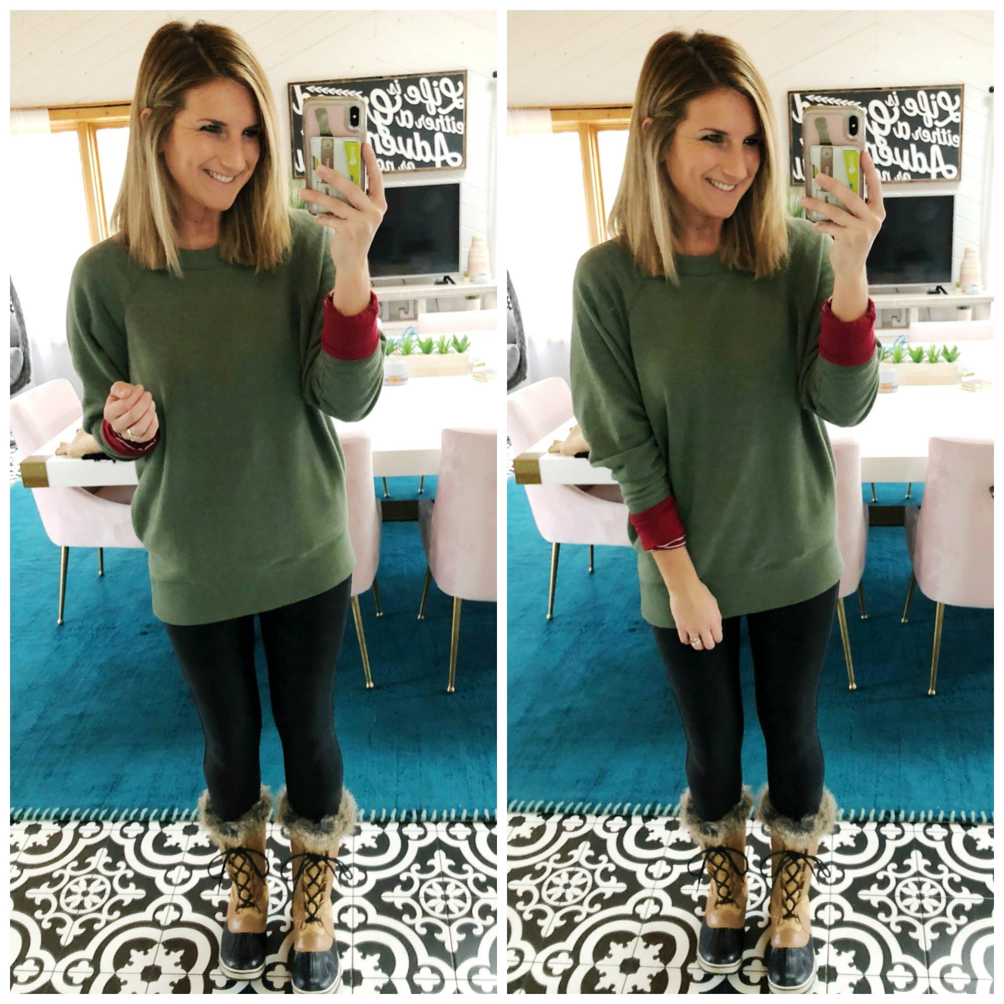 winter fashion // casual winter outfit // spanx faux leather leggings // sorel boots // winter boots // aerie sweatshirt