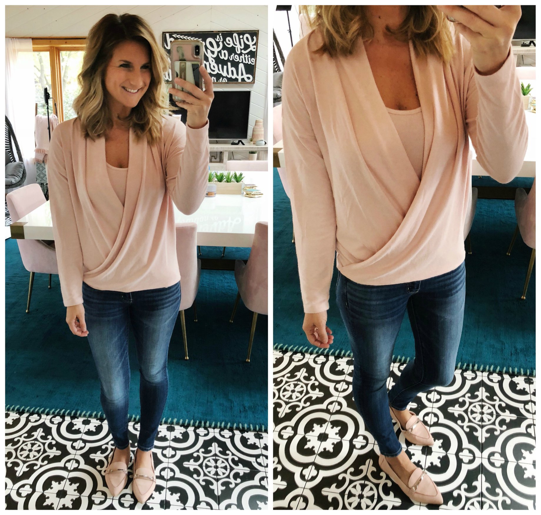 Wrap Top with High Waisted Jegging // Blush Loafers // Fall Fashion 