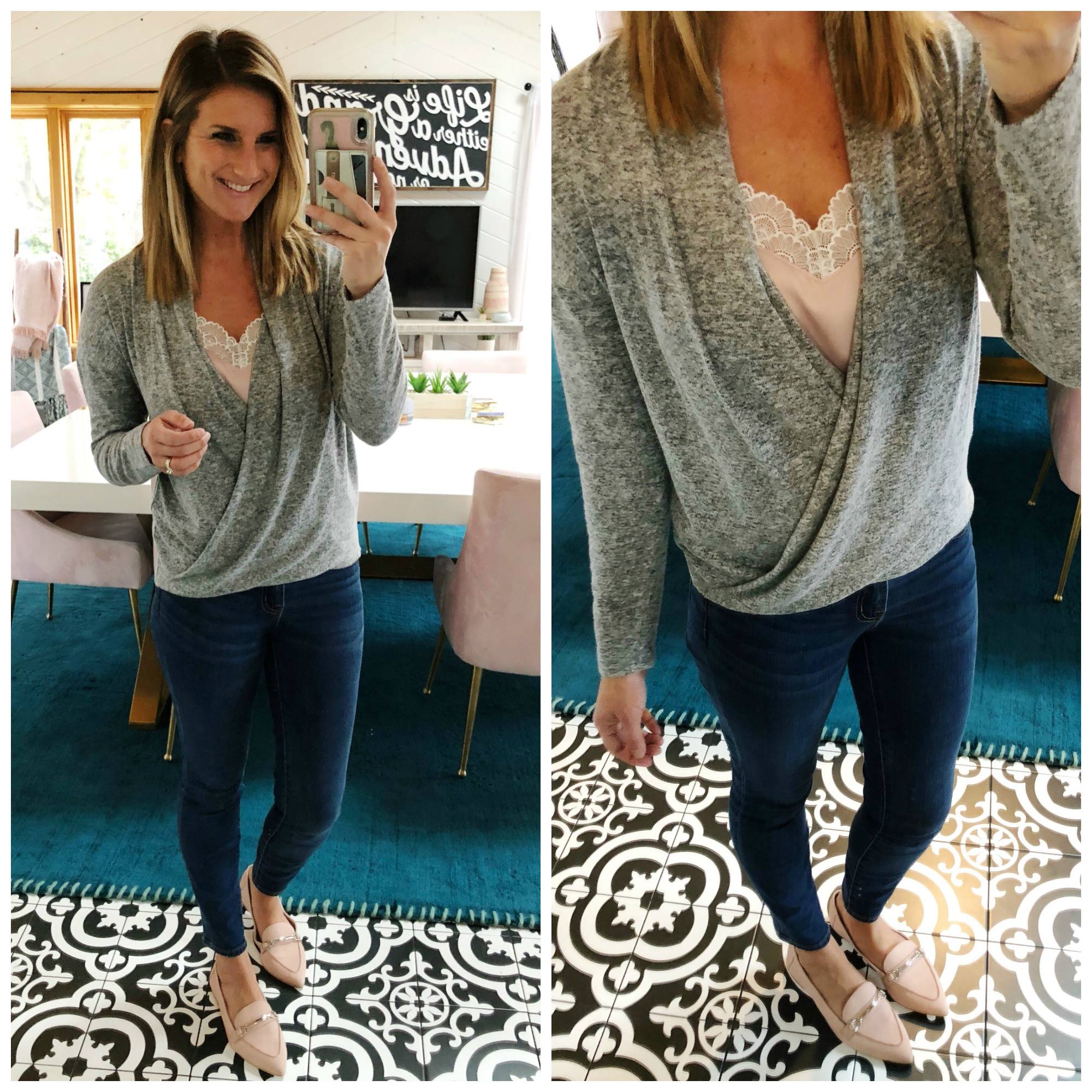 Wrap Top with Jeggings and Blush Loafers // Nursing Friendly Top // Blush Loafers // Lace Cami