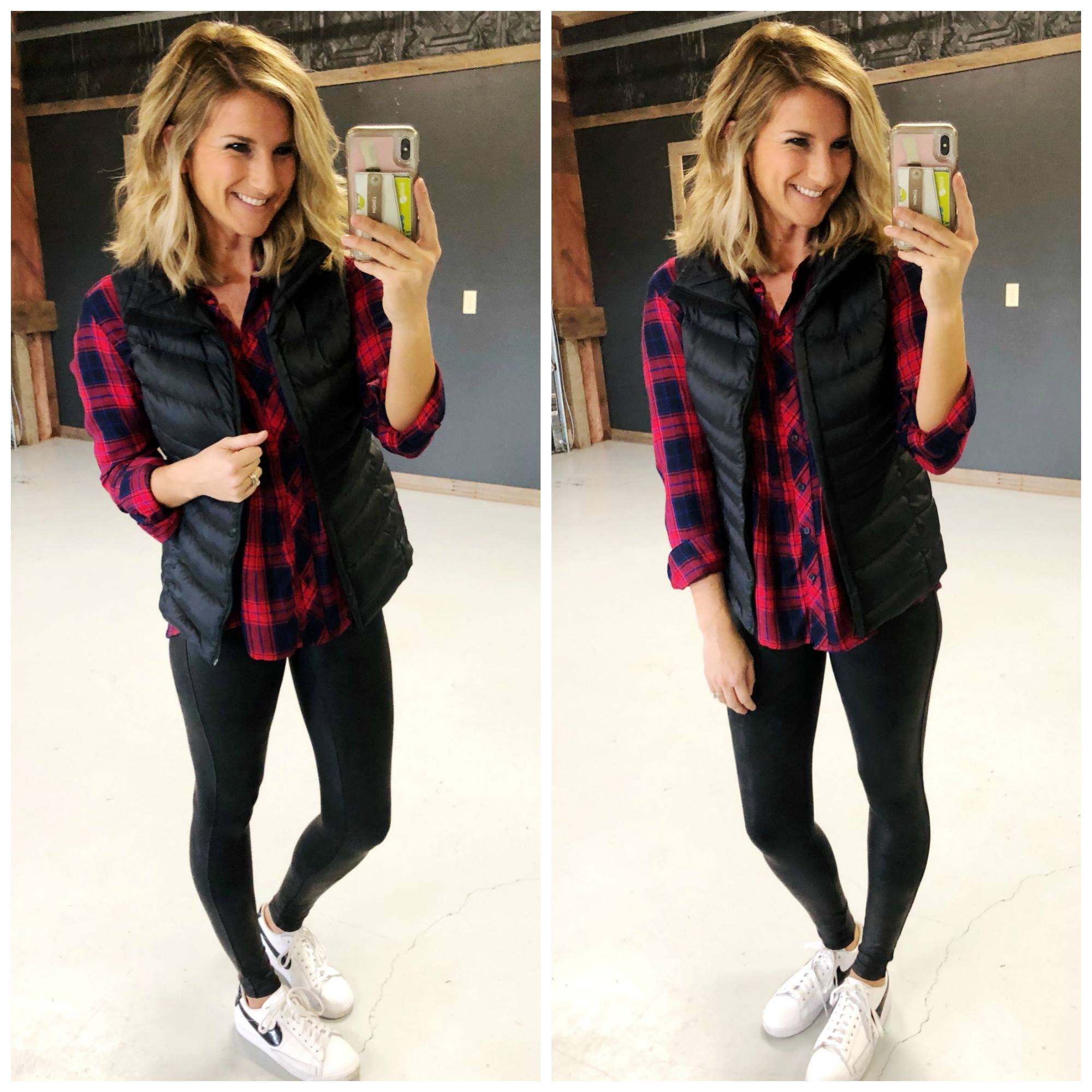 Casual Outfit // Brunch Outfit // Casual Saturday // Spanx Faux Leather Leggings // Plaid Top // Plaid Button Up with leggings 