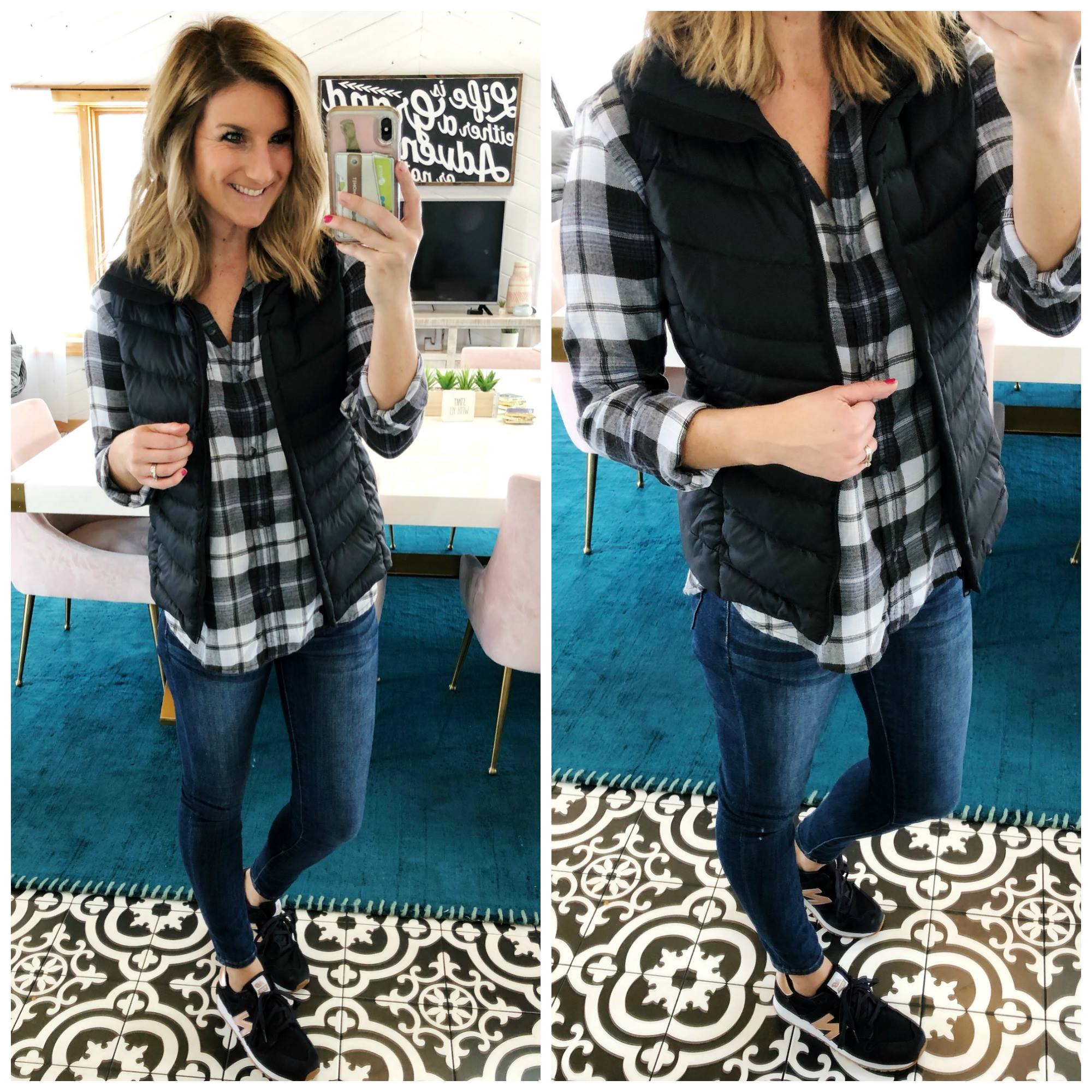 Plaid Button up with jeggings and vest // AE boyfriend top // Sneakers // Comfortable Sneakers // Soft Plaid Top