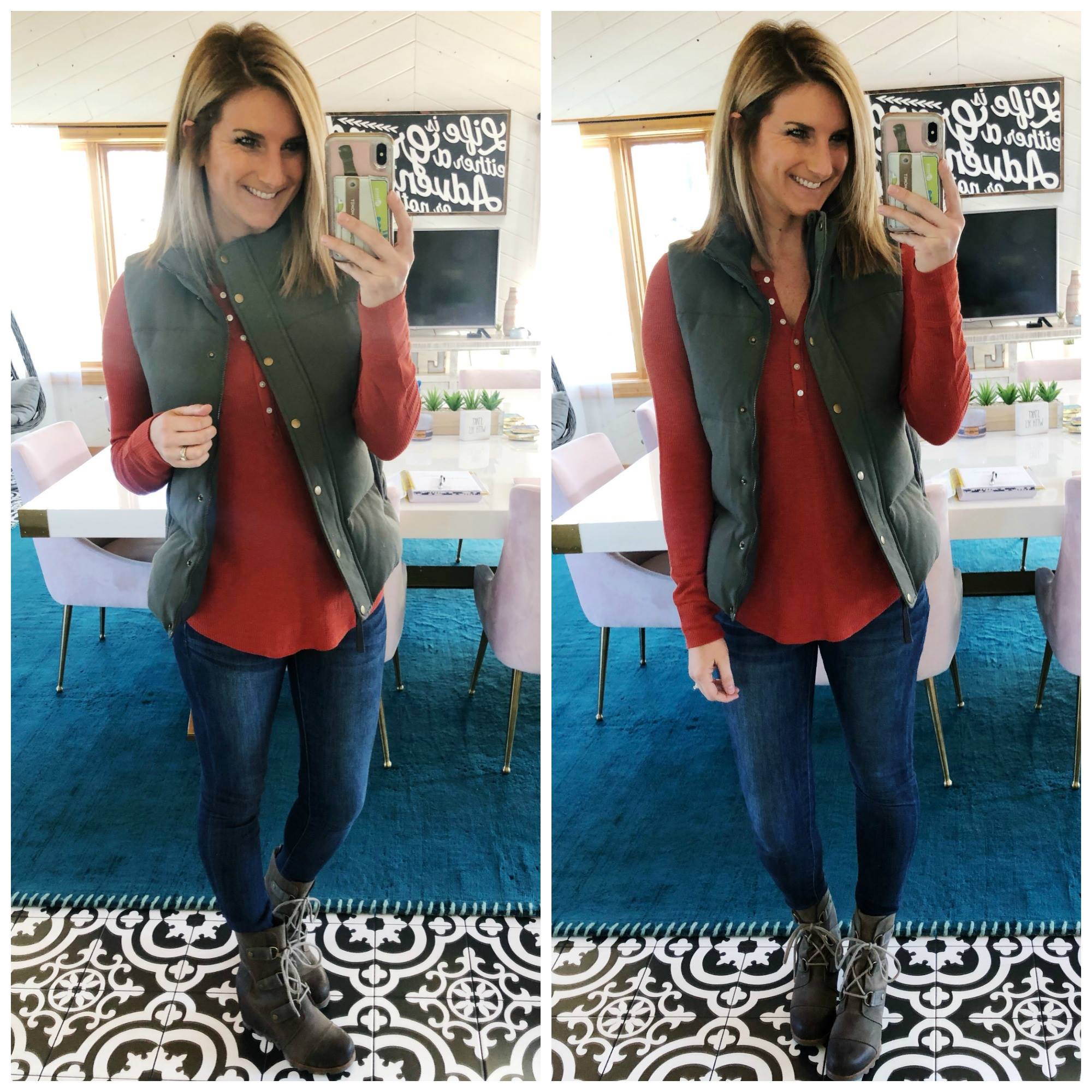 Cozy Layers // Winter Fashion // Henley with Skinny Jeans and Vest // Sorel Boots // Waterproof Boots