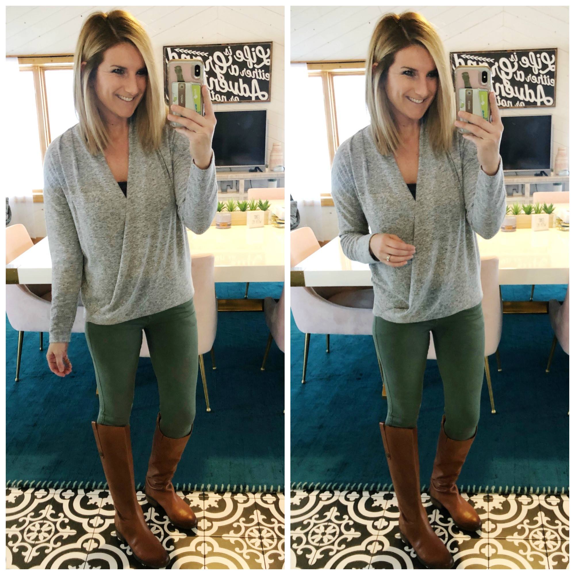 Transitional Outfit // Fall Boots // Riding Boots // Wrap Top with Camo Green Jeggings // What to Wear in the Fall // Cozy Basics // Layered Outfit 