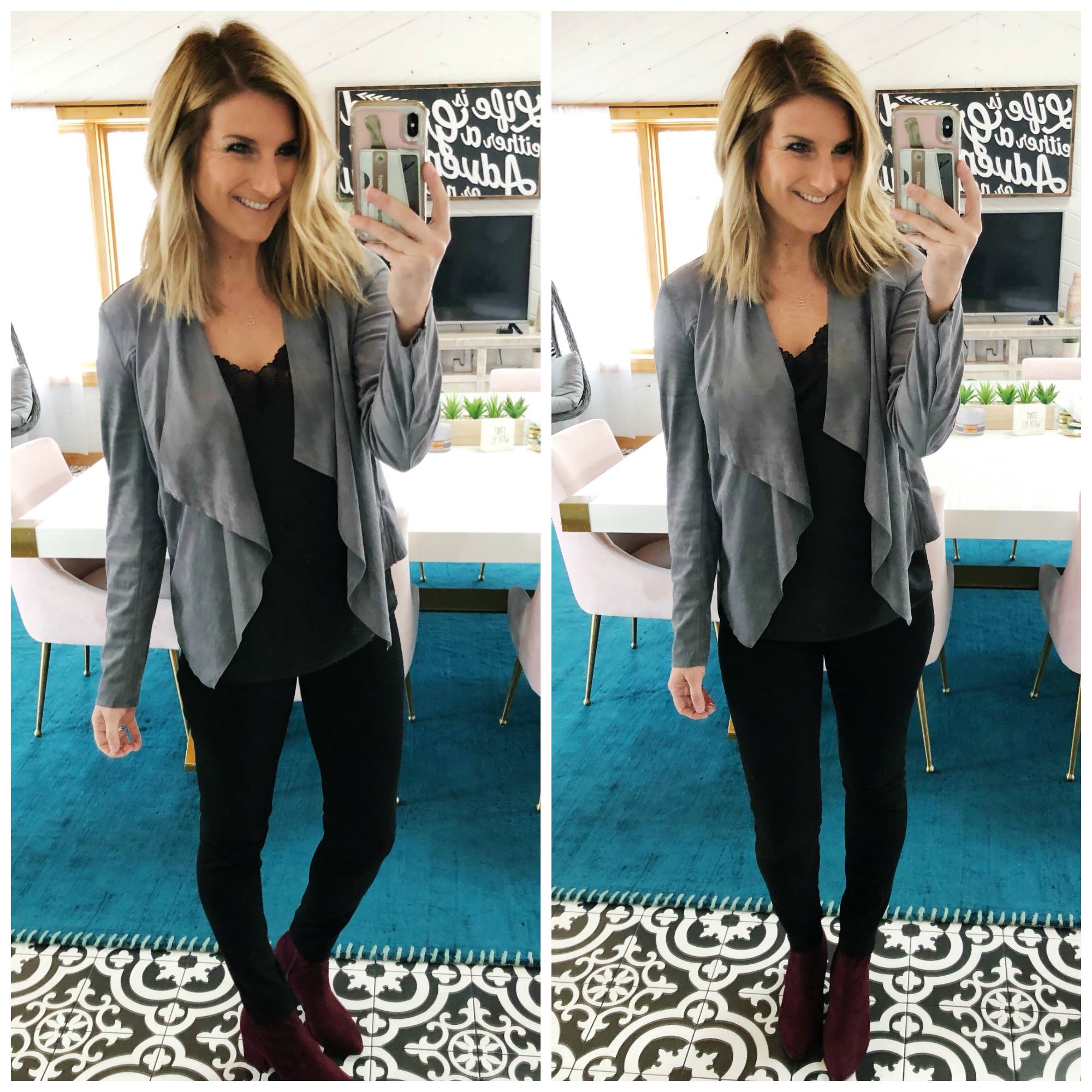 Date Night Outfit // Drape Front Jacket // What to Wear with a Faux Suede Jacket // Lace Cami with Skinny Jeans