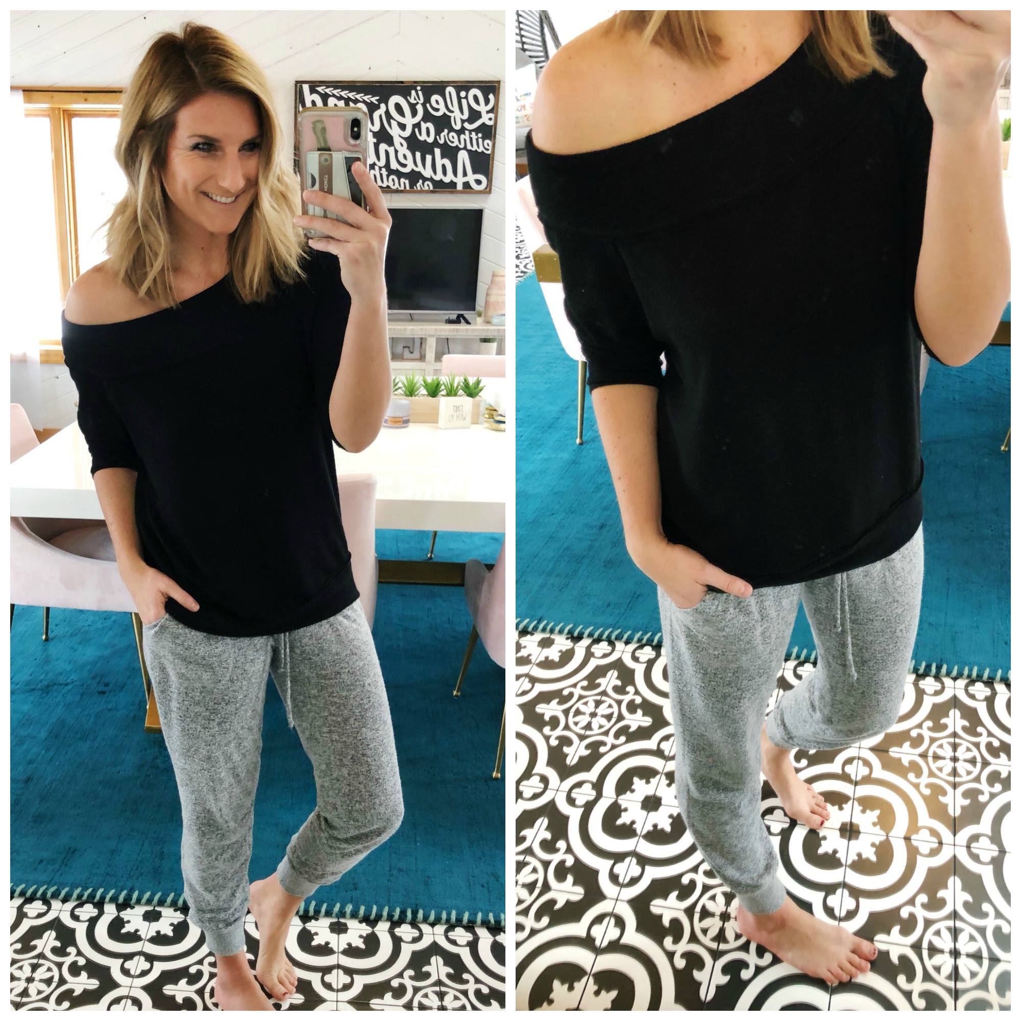 Loungewear // Cozy Outfit // Off the Shoulder Top with Joggers // Cozy Joggers // Casual Outfit for home or on the go