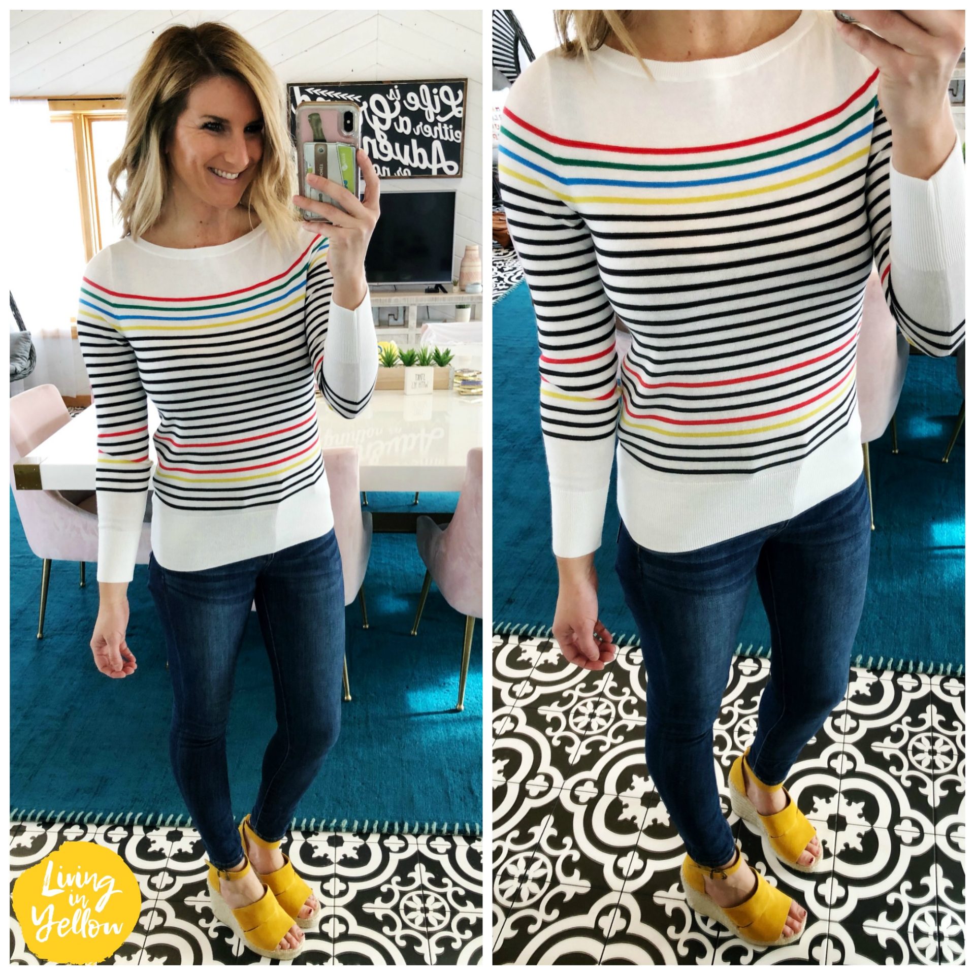 Spring Outfit // Wedge Sandals // Striped Sweater with Jeggings and Wedge Sandals // Affordable Outfit // Transitional Outfit 