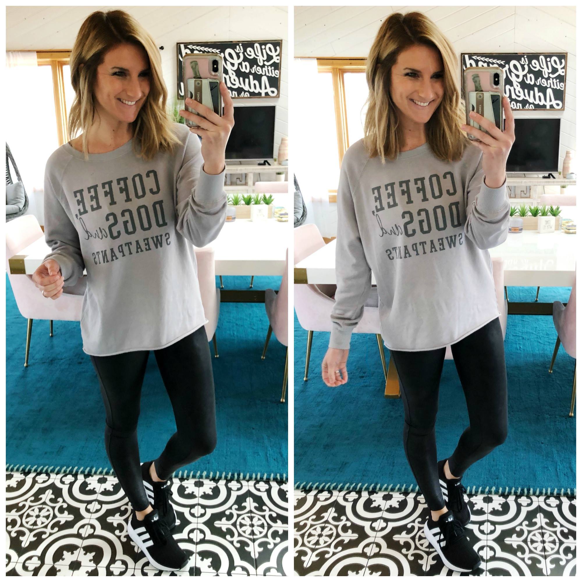Comfy and Casual Outfit // Everyday Outfit // On the Go Outfit // Cozy Outfit // Graphic Sweatshirt with Faux Leather Leggings and Sneakers // Spanx Faux Leather Leggings