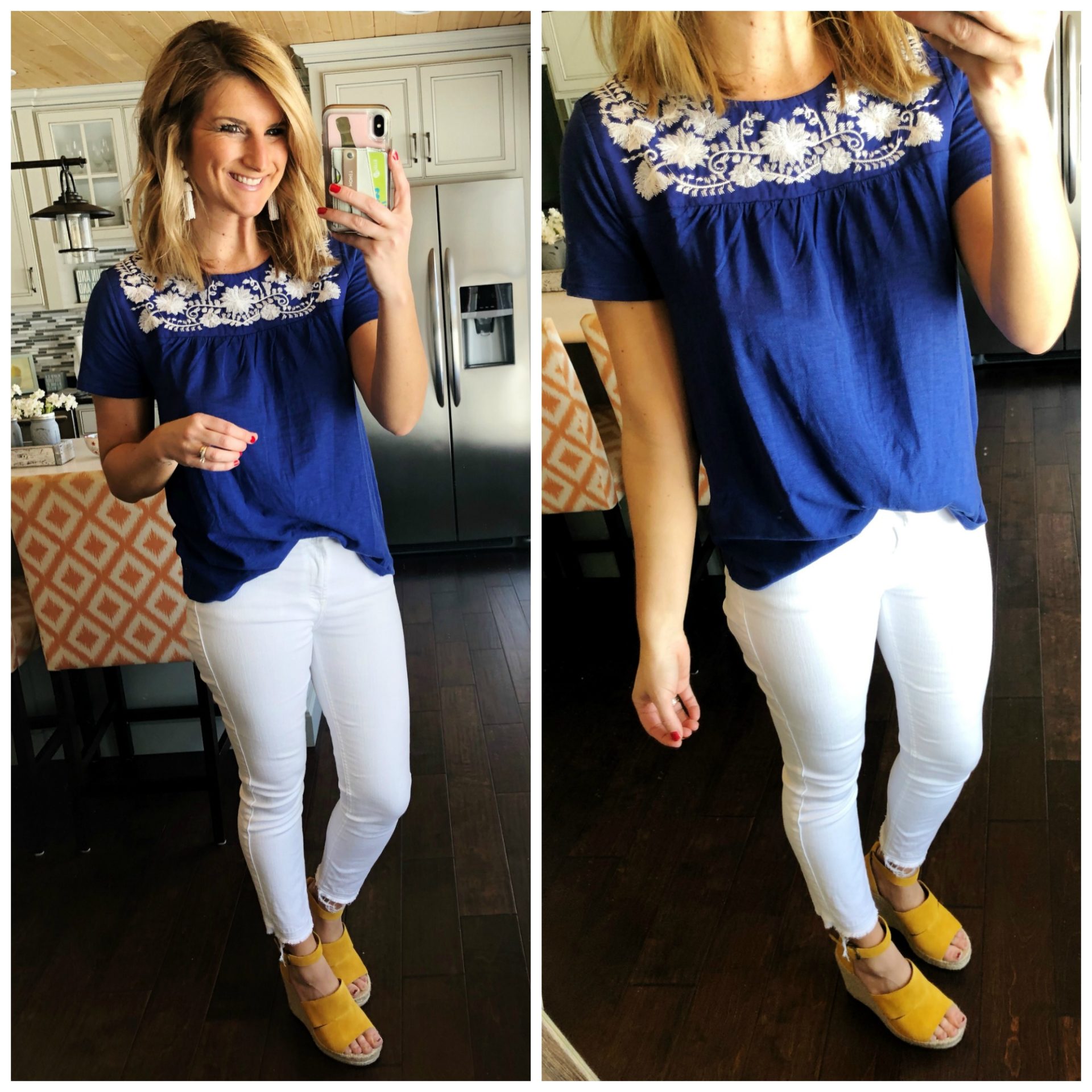 Summer Casual Outfit // Vacation Outfit // Embroidered Top with White Jeans and Wedges // Statement Earrings // Spring Fashion // Spring Break 
