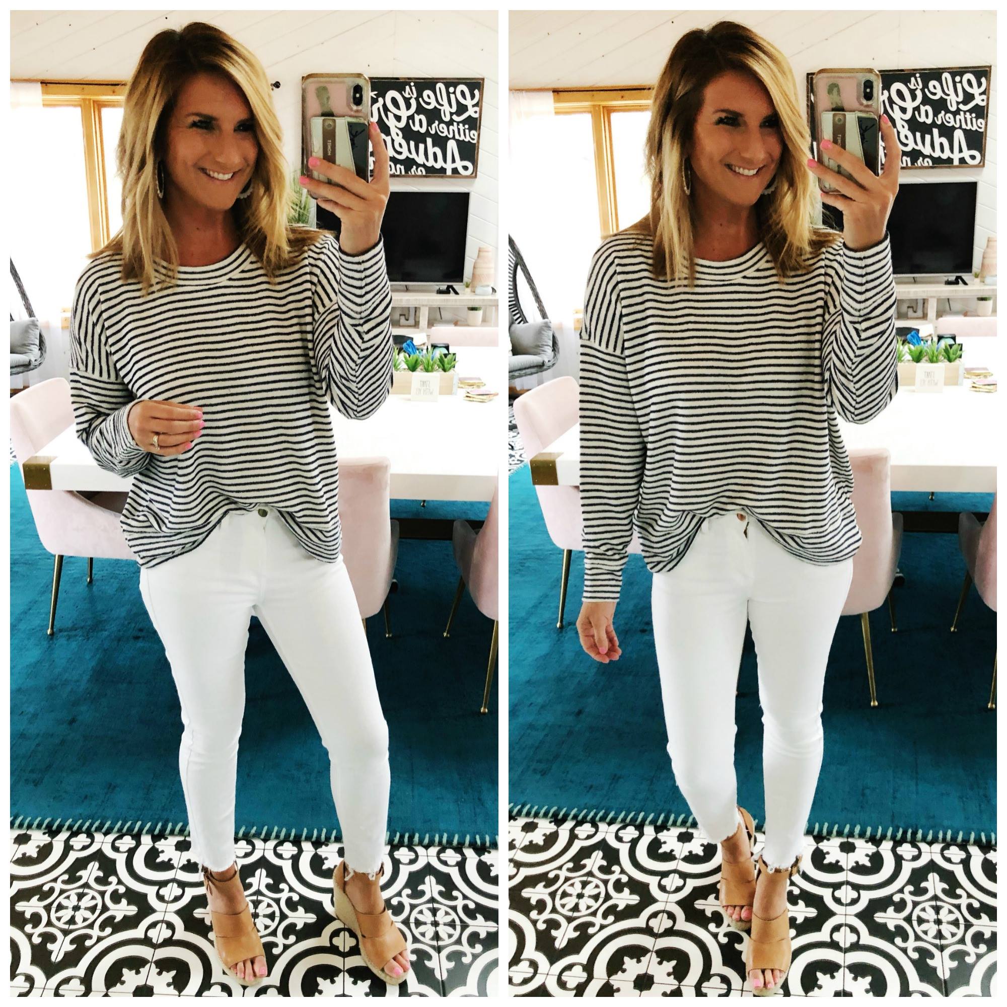 Comfortable Sweatshirt // Spring Sweatshirt // Transitional Outfit // Spring to Winter Outfit // White Jeans // Best White Jeans // Wedge Sandals