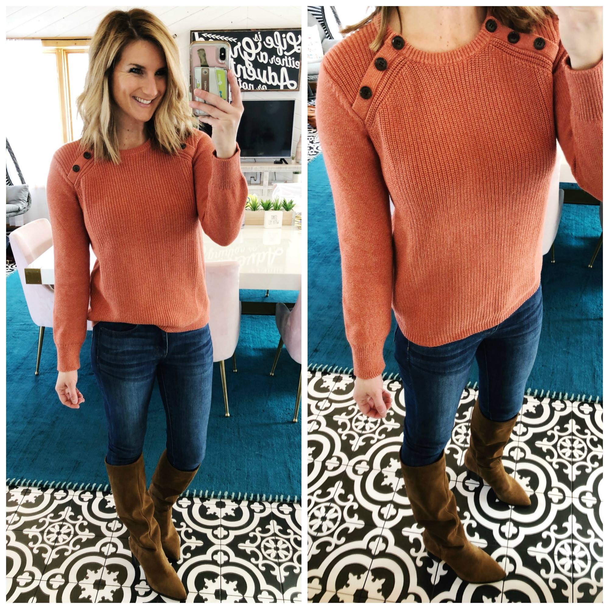 Amazon Sweater // Button Sweater // American Eagle Jeans // Slouchy Boots // Sole Society Boots