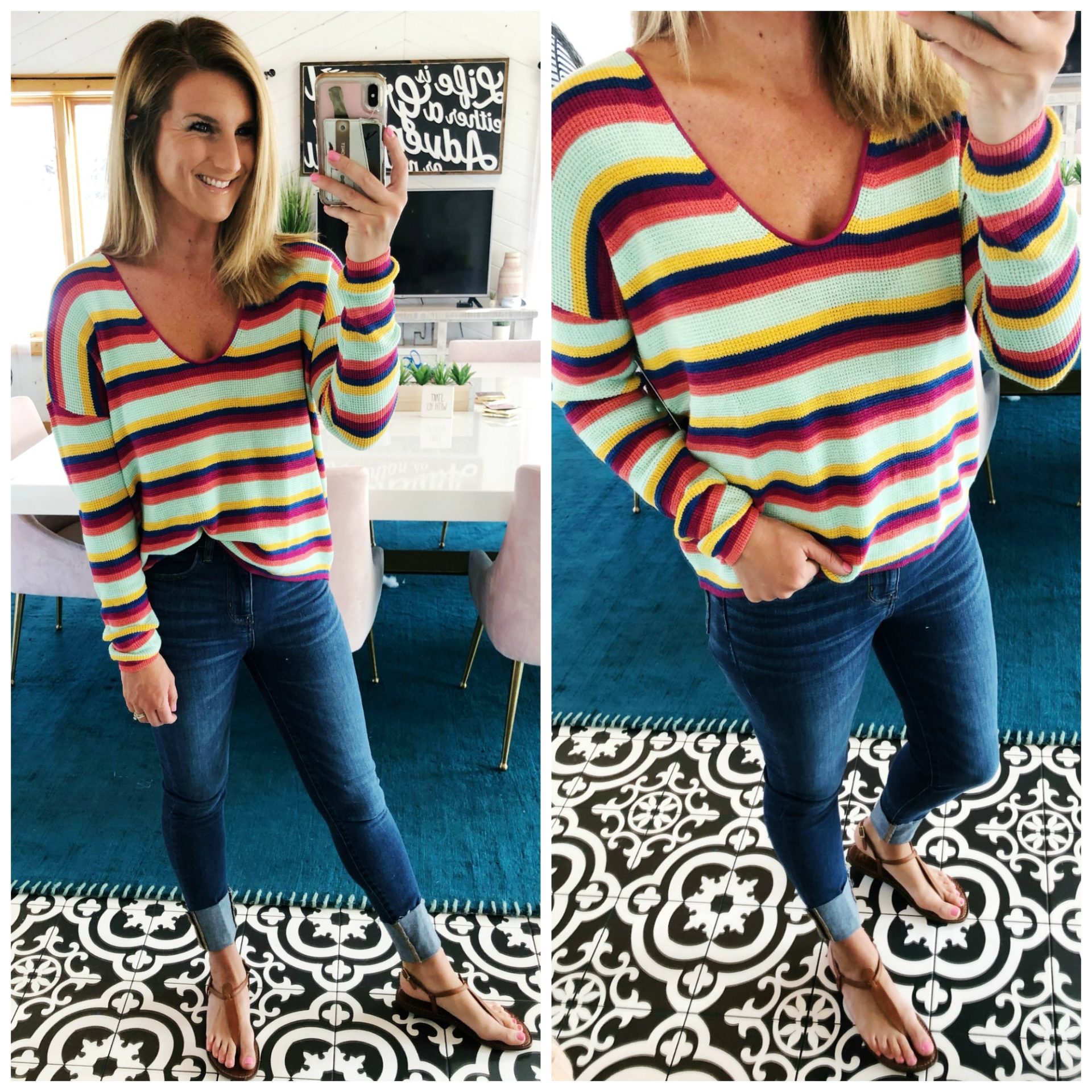 Spring Sweater // Multi Stripe Sweater // Bold Color Top // Cropped Jeggings // AE Jeggings // Sandals Spring Outfit 