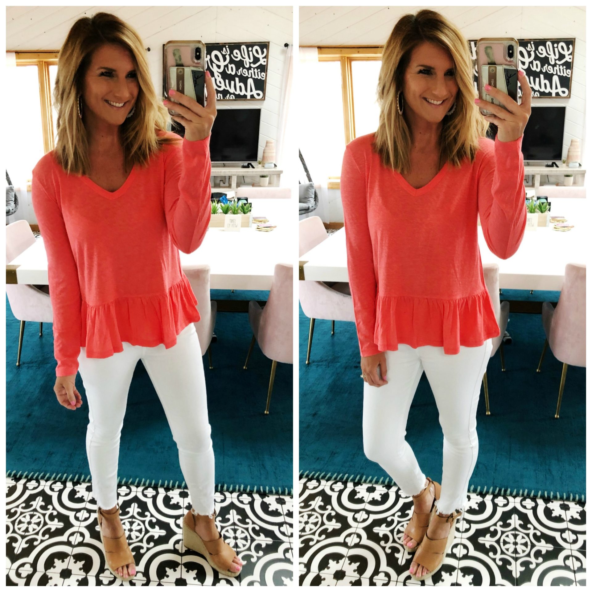Cute Spring Outfit // Coral Top // Peplum Top // Best White Jeans // Wedge Sandals // Cute Spring Outfit 