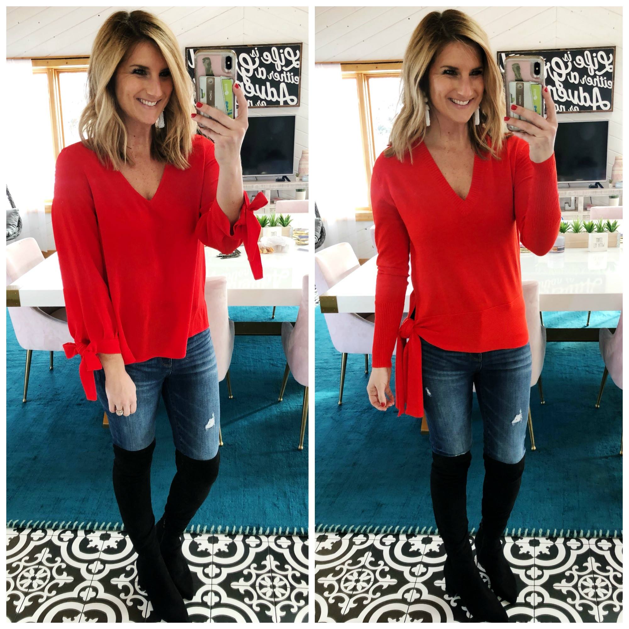 Valentine's Day Outfit // Red Sweater // Over the Knee Boots // Tie Sleeve Top