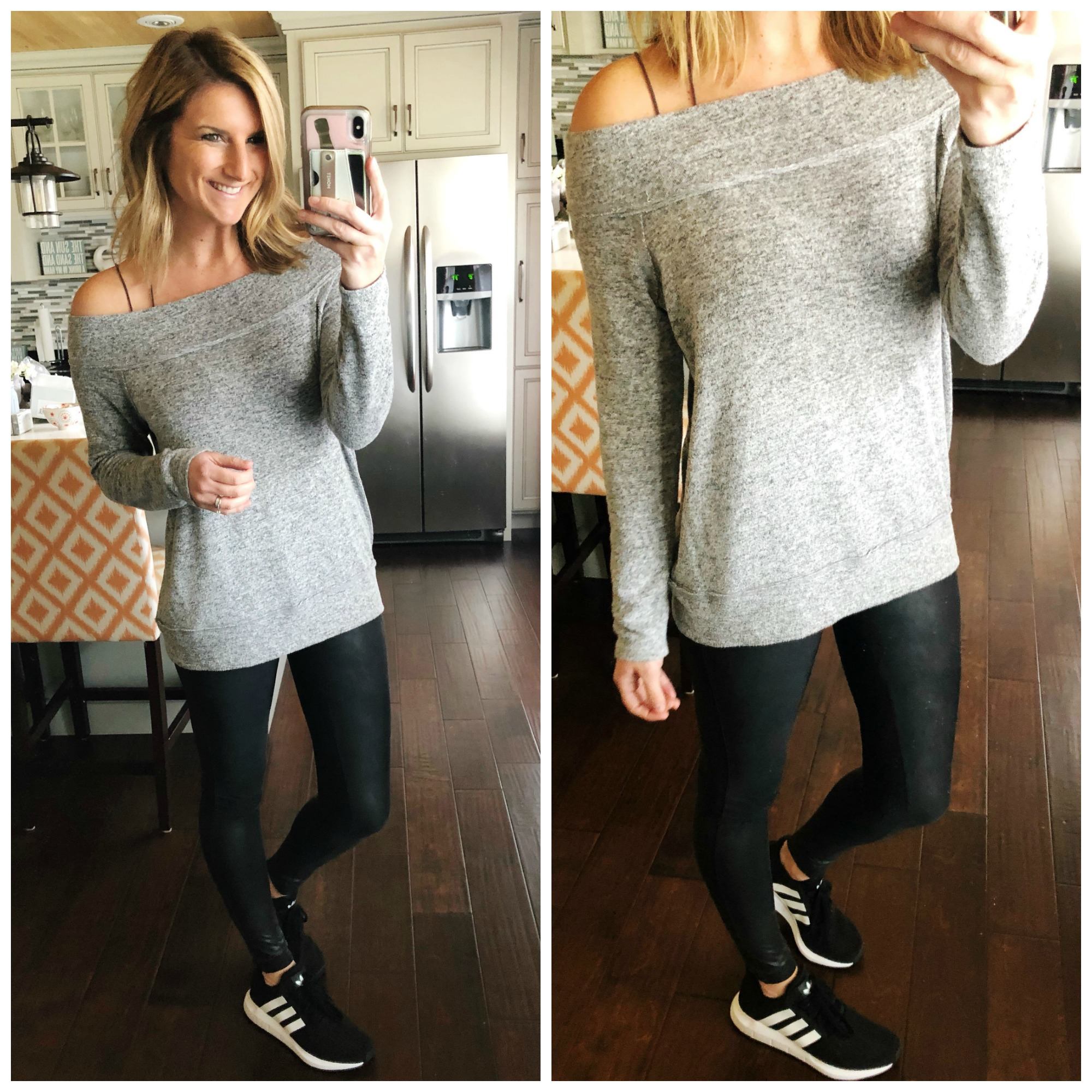 Off the Shoulder Sweater // Spanx Leggings // Faux Leather Leggings // Adidas Sneakers // Comfortable Sneakers