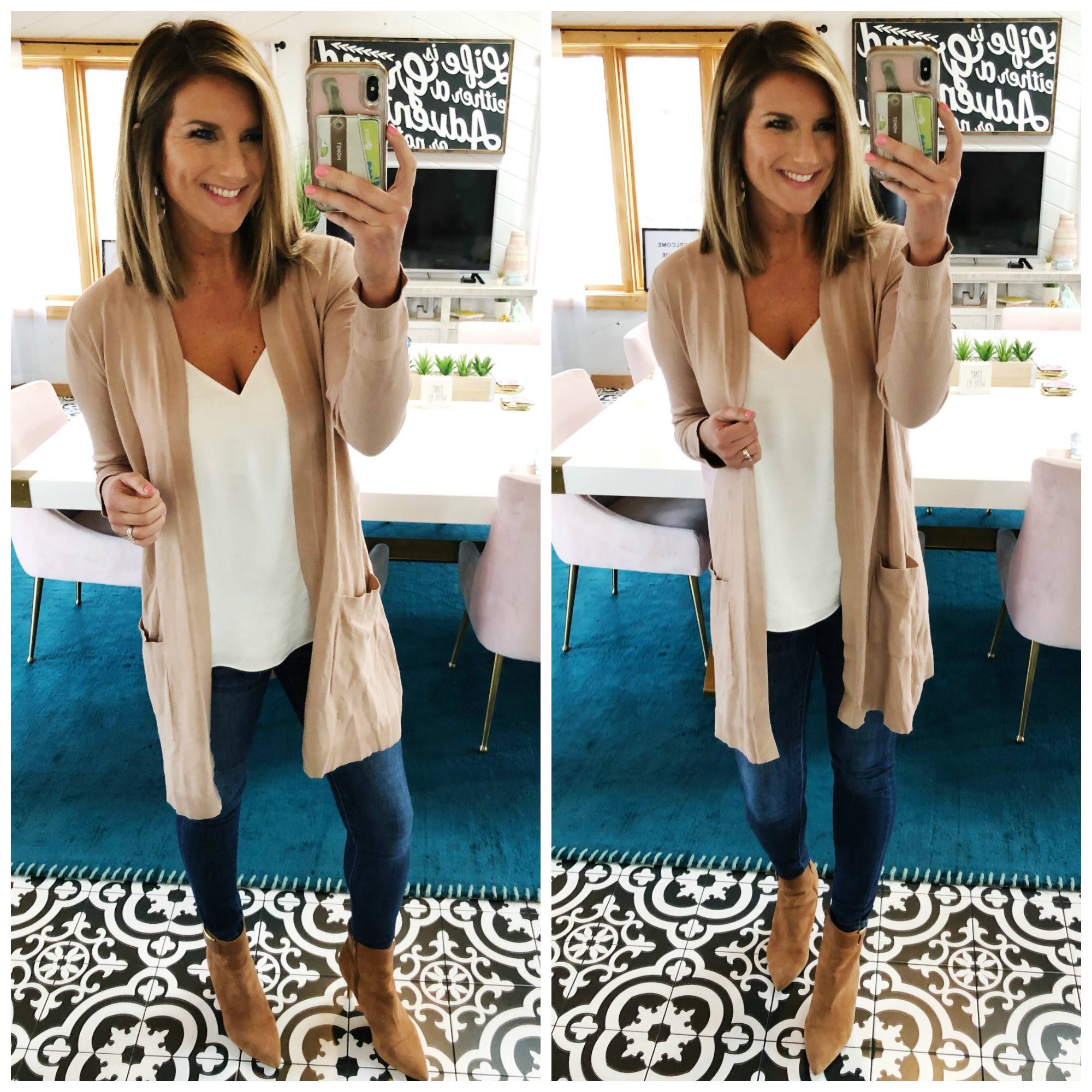 The perfect camel cardigan // Lightweight long cardigan // Cute Spring Outfit // Layering Cami