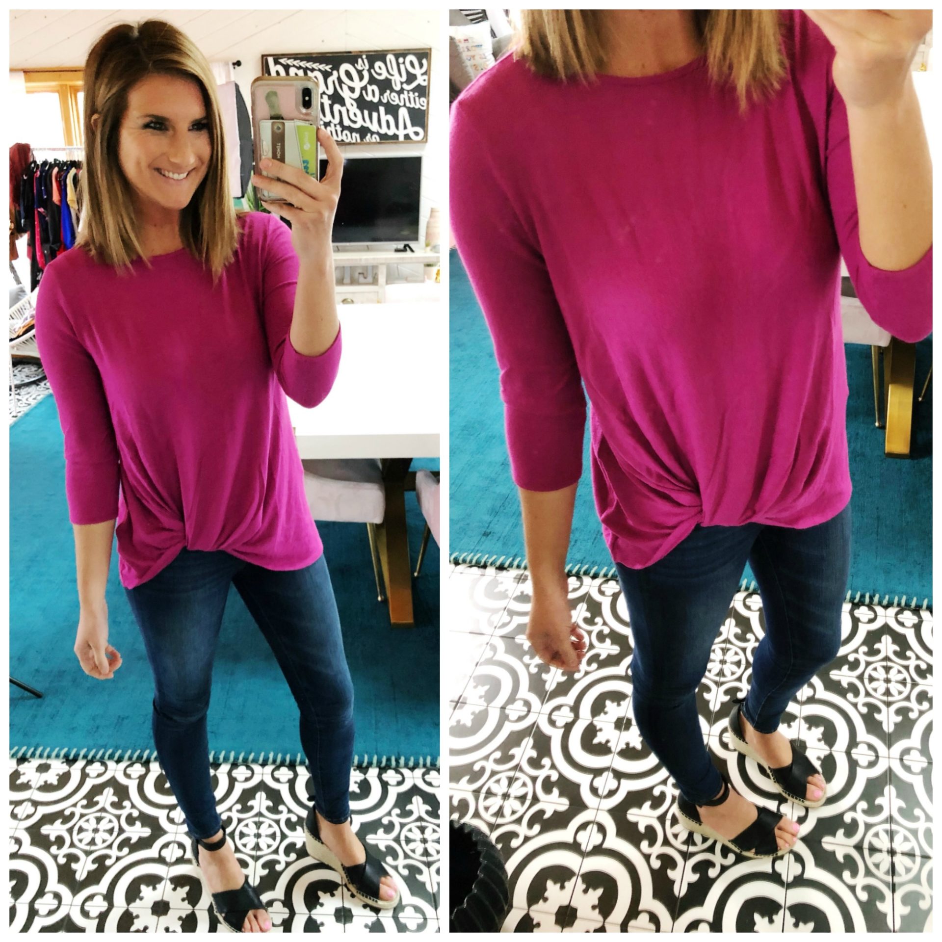 Twist Front Top with Jeggings and Wedge Sandals // How to Style a Twist Front Top // Spring Outfit // Transitional Outfit