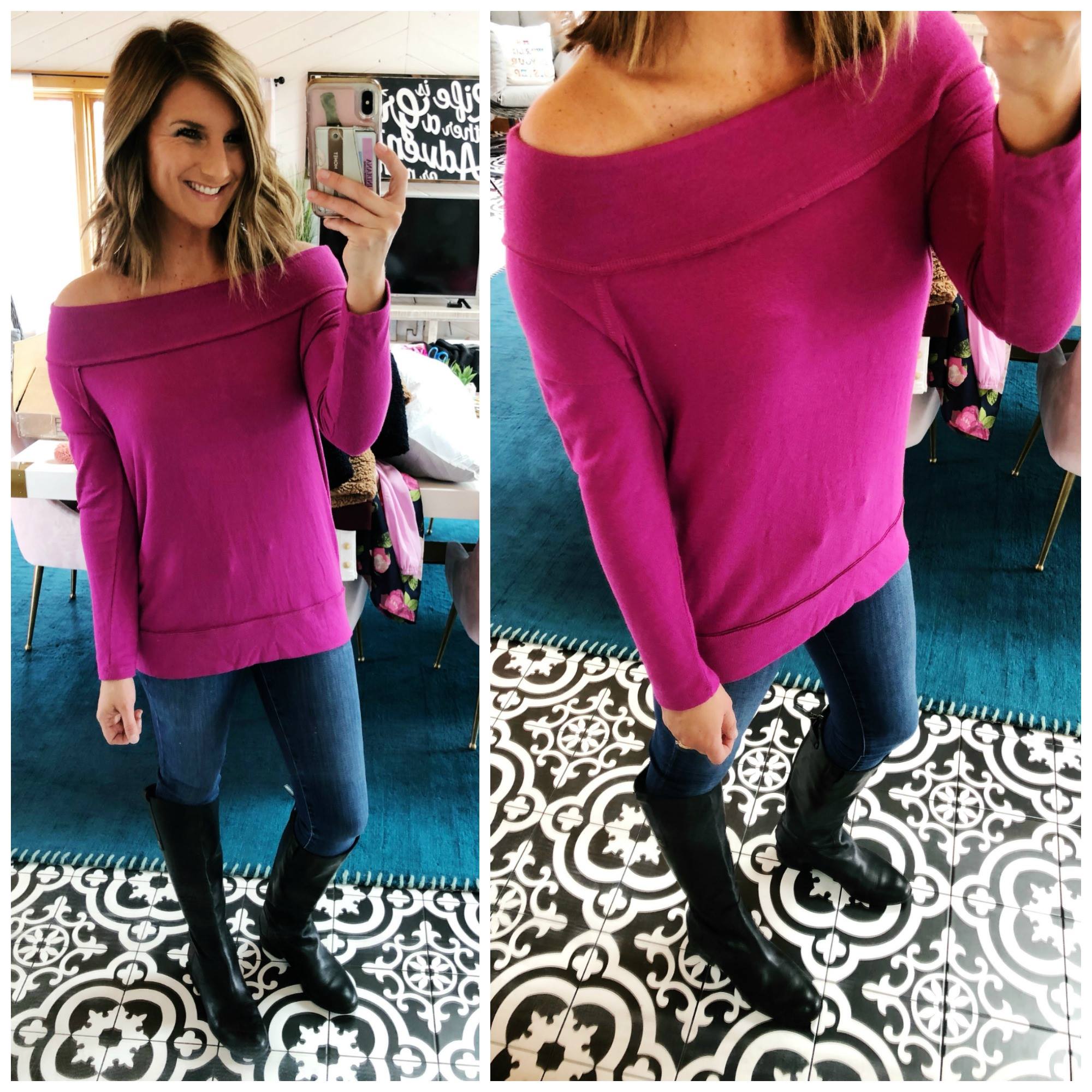 Off the Shoulder Top // Spring Sweater // Tall Boots // Comfortable Tall Boots