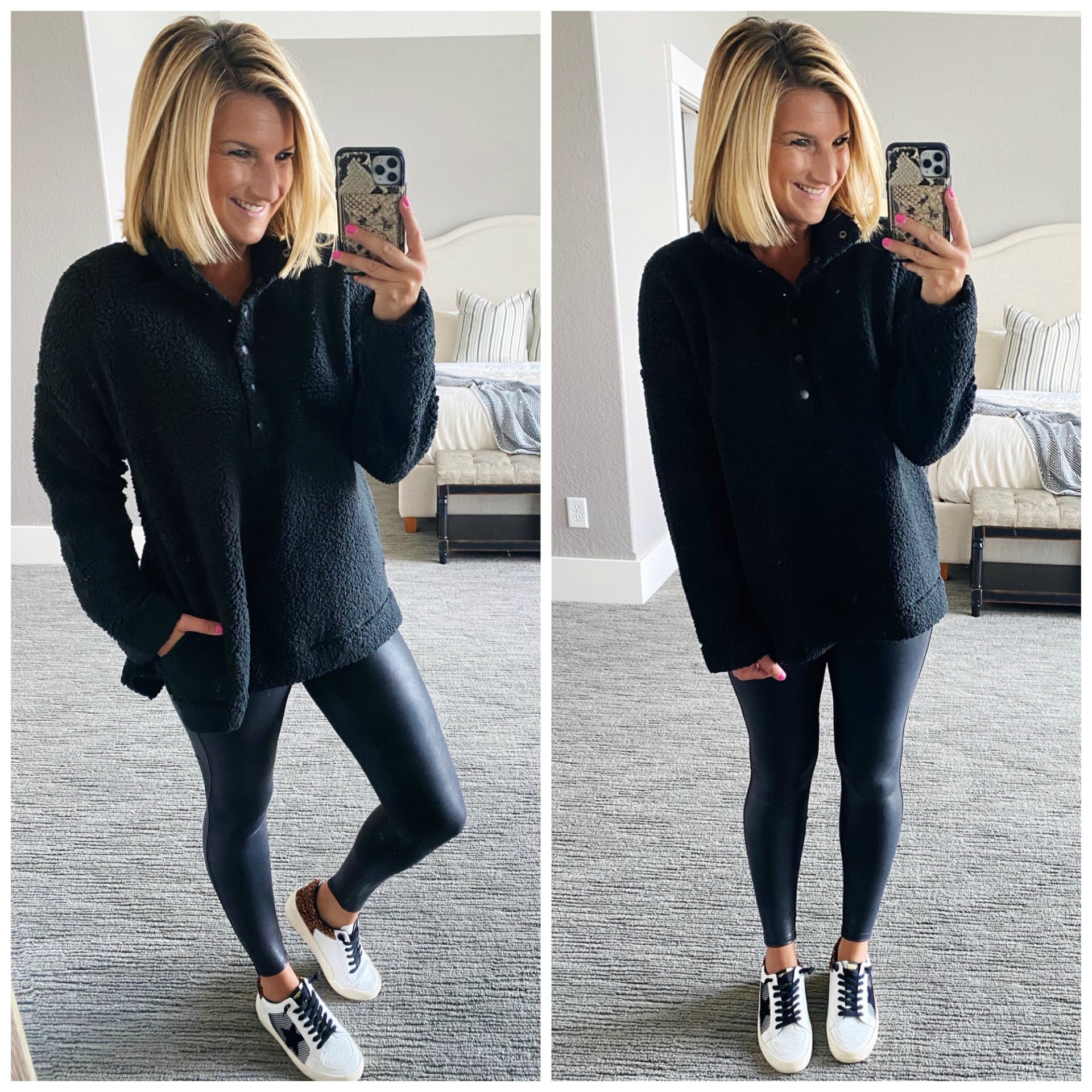 Everyone loves a Cute & Comfy outfit! Come shop this NEW light gray cropped  half zip top with our black leggings & Vintage Havana shoes!