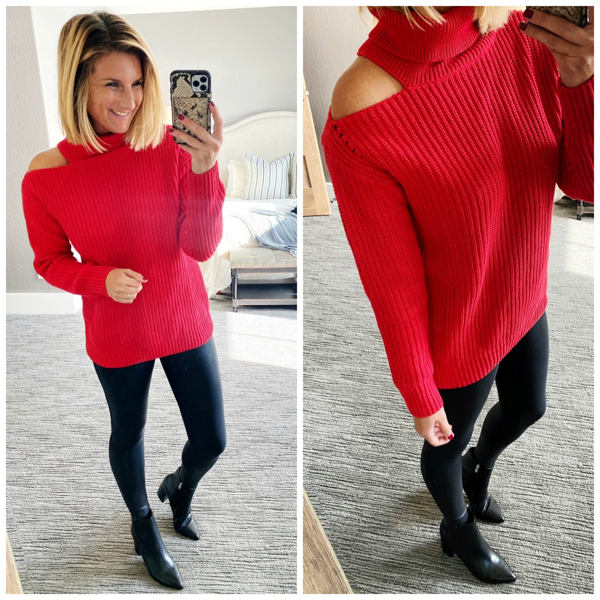 Oversized Red Cable Knit + Faux Leather Leggings - Diary of a