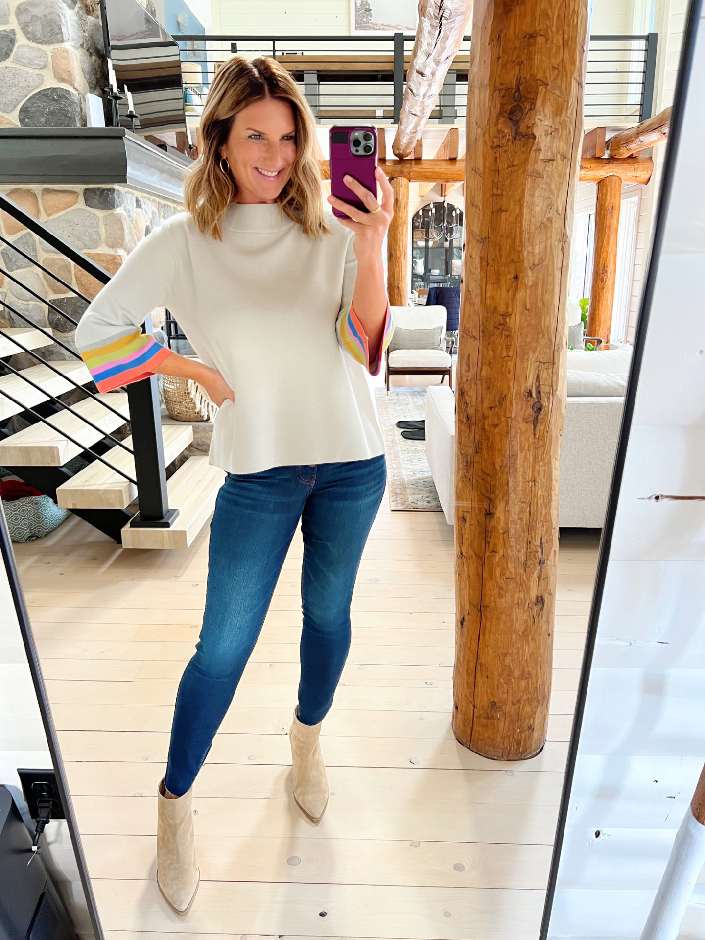 Colorblock Bell Sleeve Mock Neck Sweater Kut from the Kloth Connie Skinny Jeans Vince Camuto Booties 1 scaled